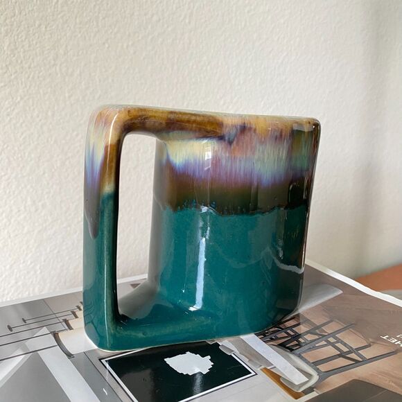 Signed Vintage‎ Mexican Pottery Padilla Kokopelli Flat Mug Drip Glaze Green Blue - Picture 8 of 16